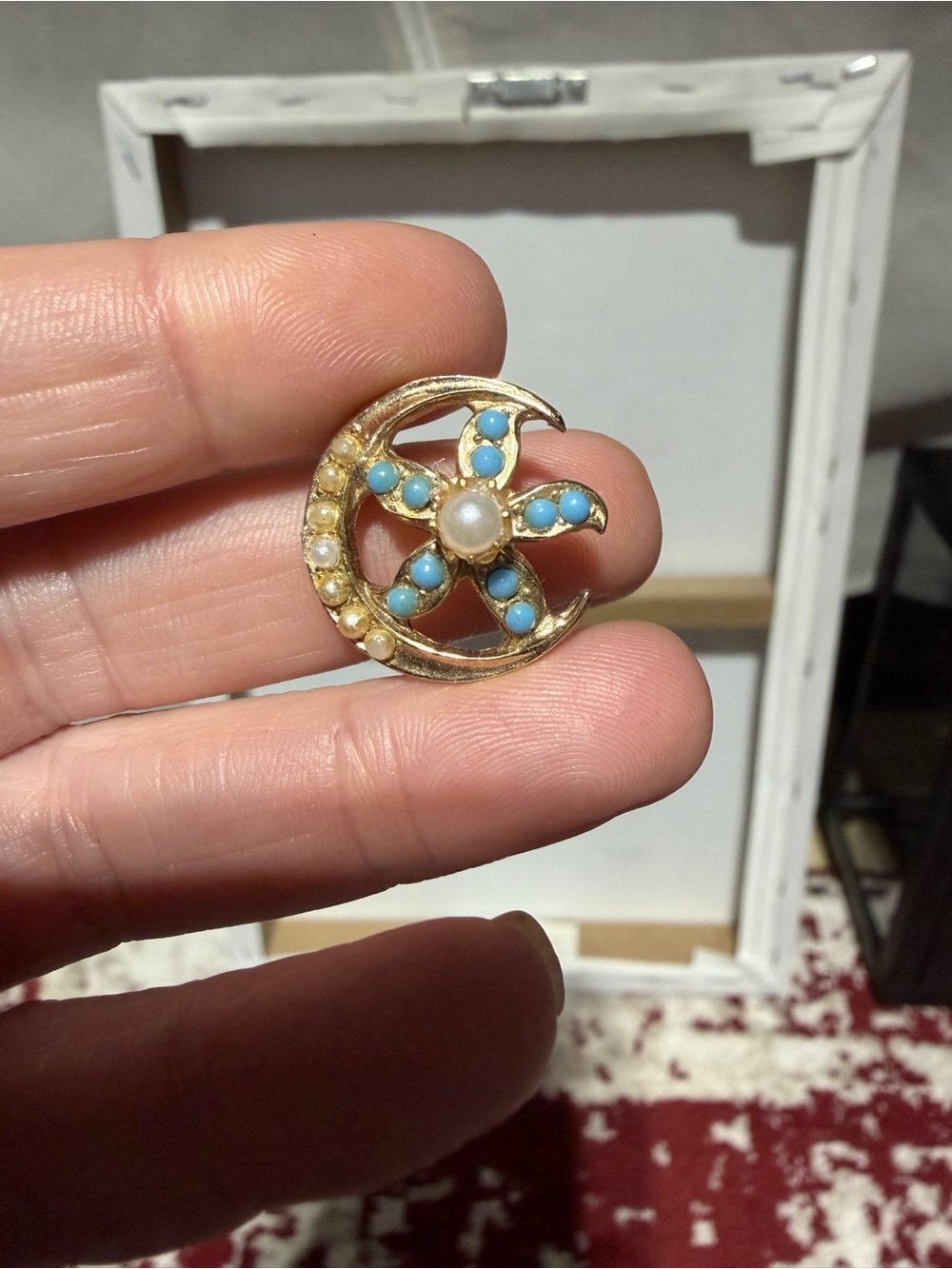 Vintage Gold Tone Blue and Faux Pearl Crescent Moon Celestial Pin
